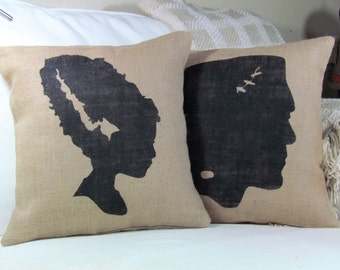 Halloween Pillow, Frankenstein Pillow, Bride of Frankenstein, Burlap Pillow, Halloween Decor, Fall Decor, Frankenstein Monster Pillow