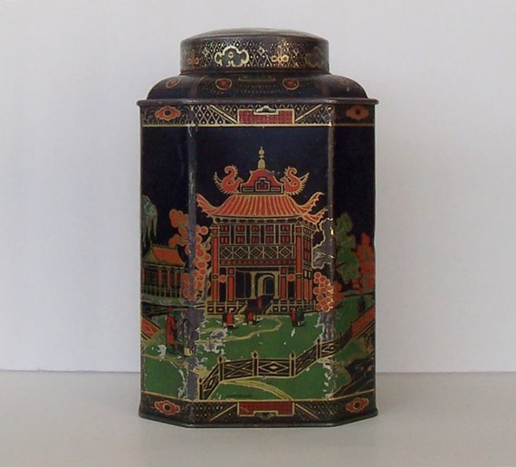 Japonesque irregular octagonal tin tea caddy with pagoda scenes in red ...