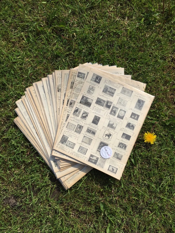 20 STAMP BOOK Pages / Vintage Stamp Pages / Old Book Pages / Origami Paper Sheets Scrapbook Paper / Old Stamp Sheets / Decoupage Paper Pack