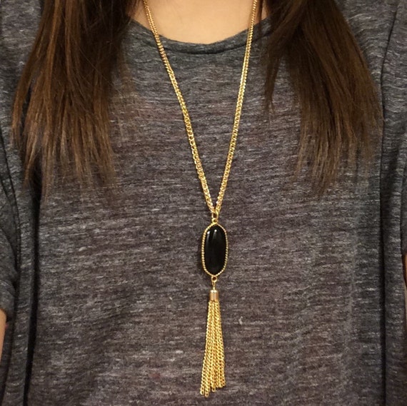 Long Gold Necklace / Black Stone Necklace / Black by No92Designs