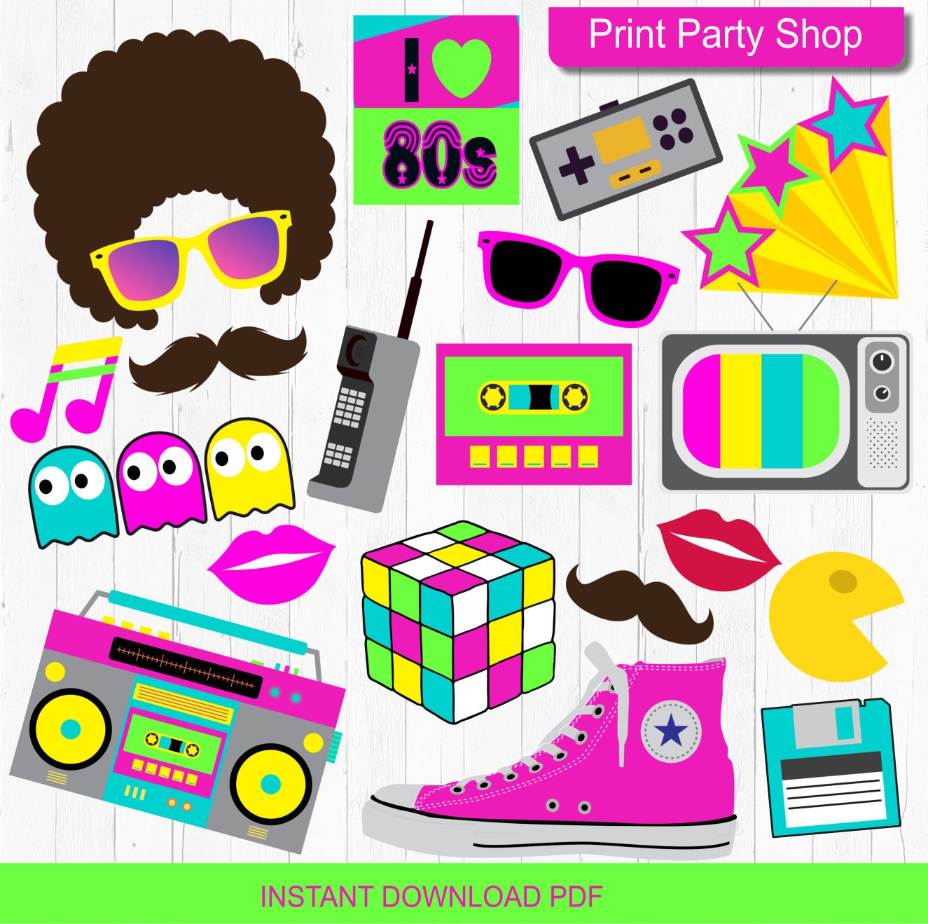 80s Party Photobooth Props / Printable File / Instant Download