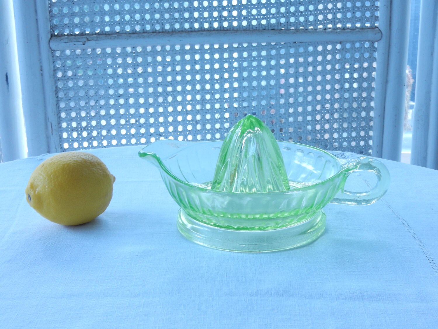 Depression glass green juicer citrus