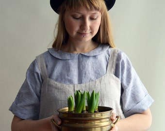 Linen top with Peter pan collar, Linen blouse, Linen Shirt Women, Linen T Shirt, Linen Tee, Plus size shirt Linen Blouse Cute Top Pin Stripe