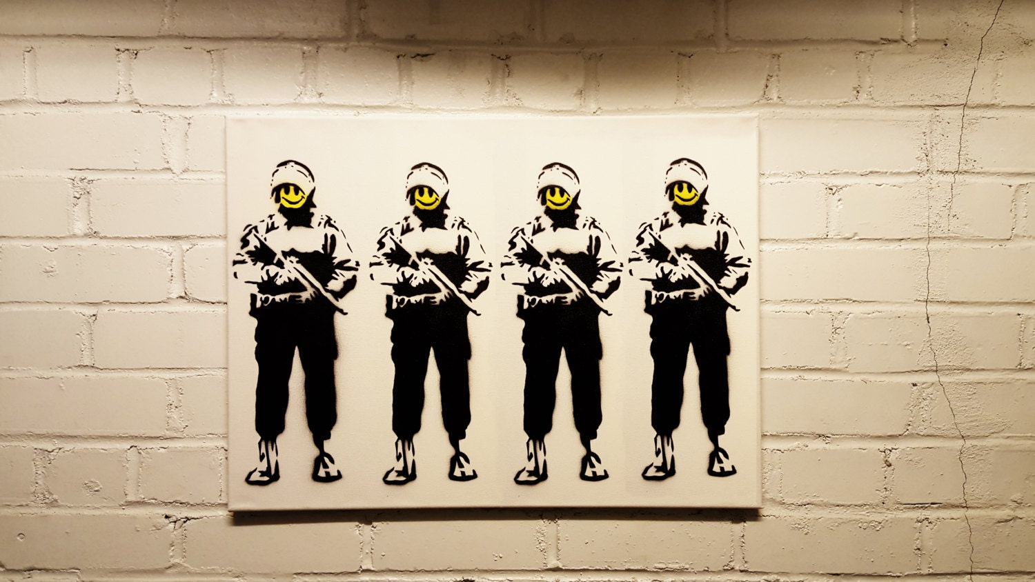 Banksy Spray Paint on 24x18 Canvas Smiley Cop by djbarrydesign
