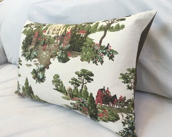 Vintage Barkcloth Pillow Cover, NEW Upcycled Pillow, 1940s Fabric, Equestrian Plantation Scene Decorative Throw Pillows Shabby Cottage Decor