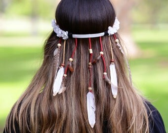 Native american headband with white flowers