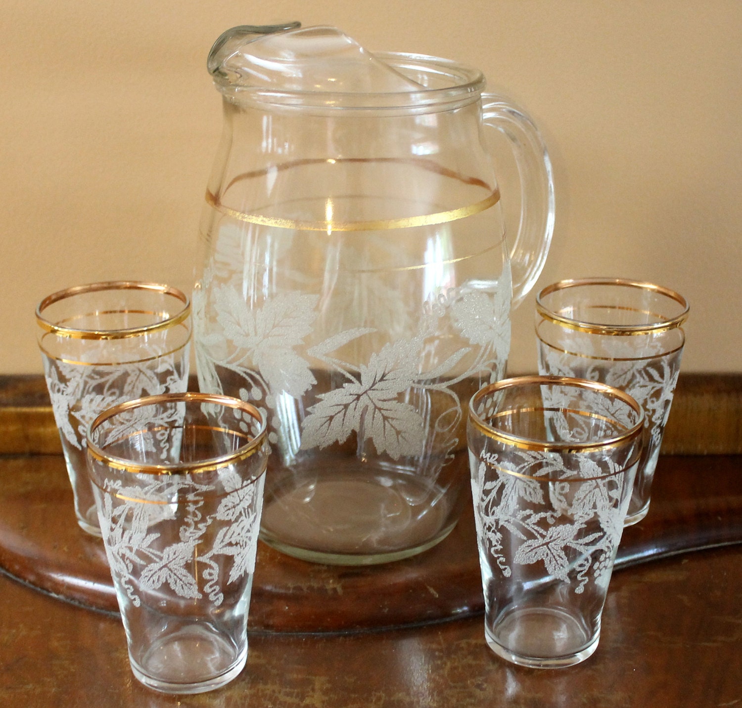 Vintage Pitcher and 4 Juice Glasses Bartlett Collins Sugared