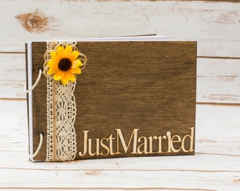 Wedding Guest Book Sunflower Wedding Guestbook Wooden book Rustic Guest Book Pen