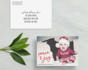 peace and joy holiday card // custom holiday photo card // simple modern christmas card // hand lettering red stripe // PRINTED holiday card