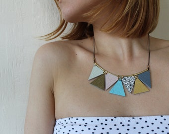 Triangle Necklace • Geometric Necklace • Leather Necklace • Leather Jewellery• Brass Tube Jewellery • Statement Necklace • Pastel Necklace
