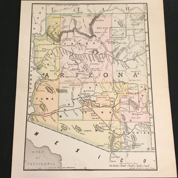 1890 Map of Arizona Original Antique Color Map by Rand