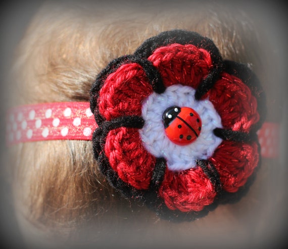 Ladybug Headband, Crochet Flower  Baby Headband, Red and Black Headband, Lady Bug Baby Headband, Baby Headband, Toddler Headband, Baby Gift