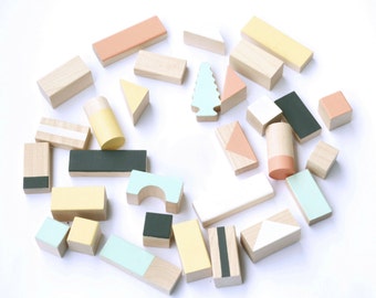 24 Wooden blocks in Mixed colours packed in cotton bag - Wooden toys - Building blocks - Toddler gift - Birthday gift for kids - Baby blocks