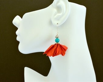 Sari silk ribbon and turquoise boho chic earrings