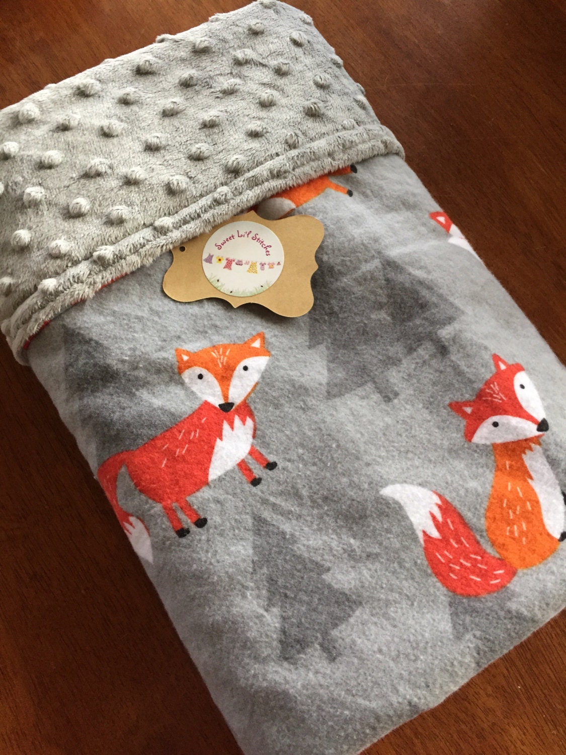 Handmade Baby Blanket Grey with Orange Foxes/Grey Minky Dot