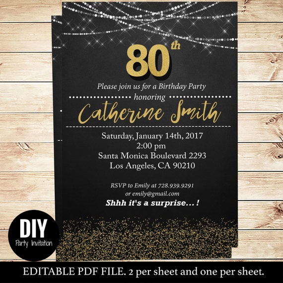 80th party invitations gold and black Editable Invitation, 80th ...