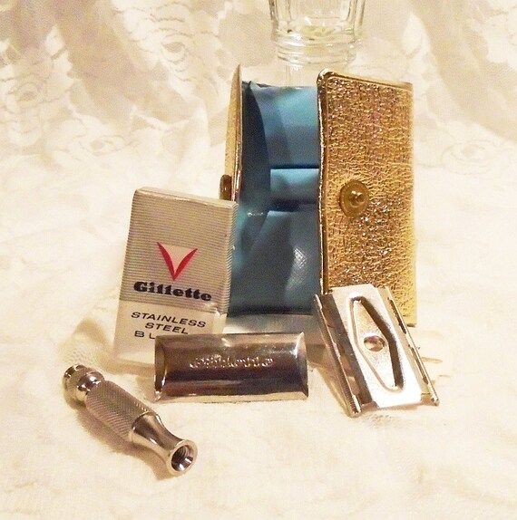 Vintage Gillette Safety Razor Travel Kit Gold Vinyl Travel