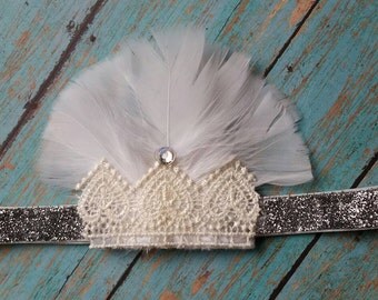 Feathers Sparkles & Lace 1930s Flapper Headband - Great Gatsby Costume Accessory