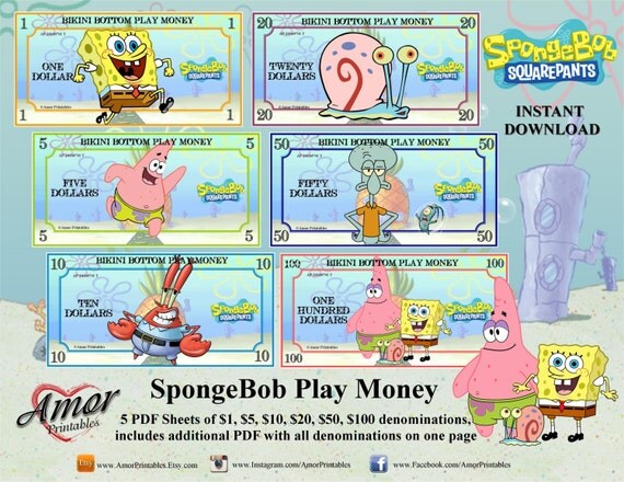 SALE Play Money Sponge Bob Squarepants BONUS Coloring