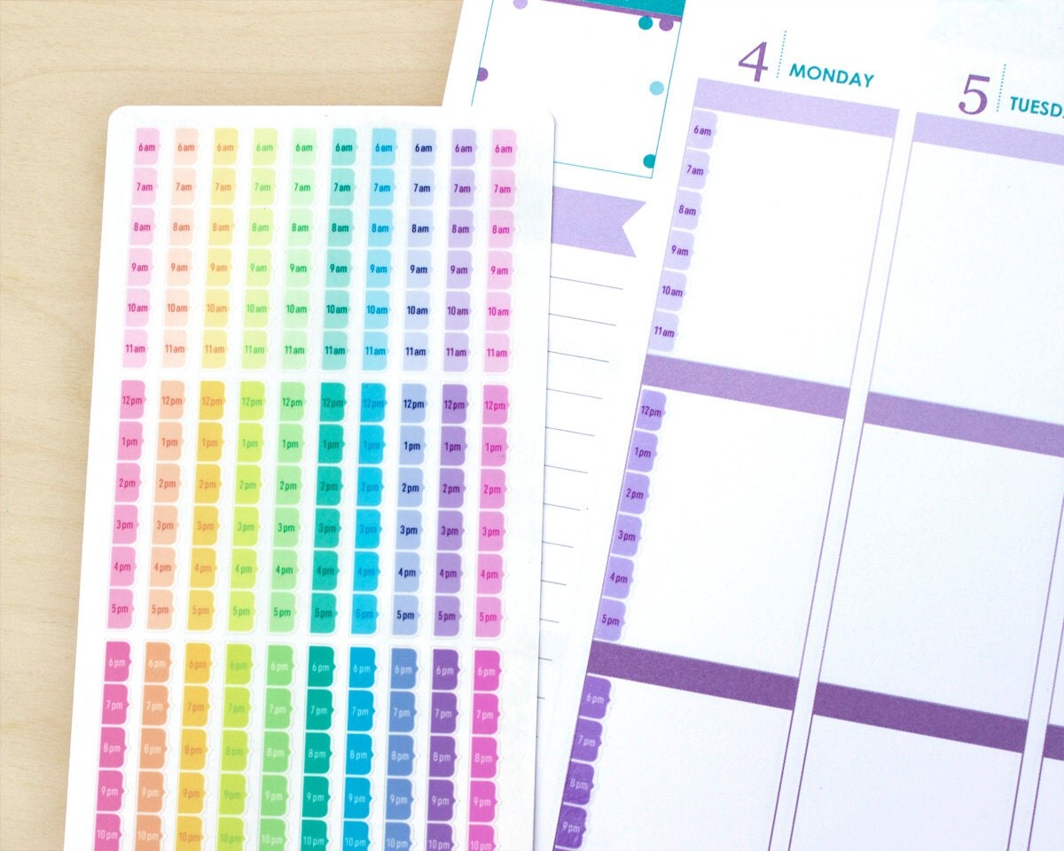 Planner Stickers Hourly Time Strips, 6am to 11pm, 10 each hourly side ...