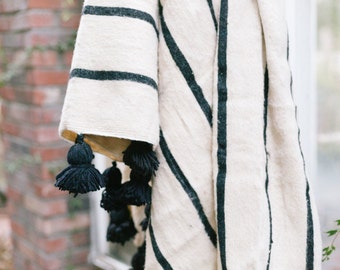 Moroccan Black and White Wool Pom Pom Blanket Free Shipping