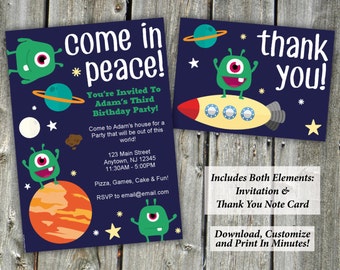 Cute Aliens Children's Birthday Party Invitation | Invitation + Thank You Notes | Editable PDF Instant Download | Edit & Print In Minutes!