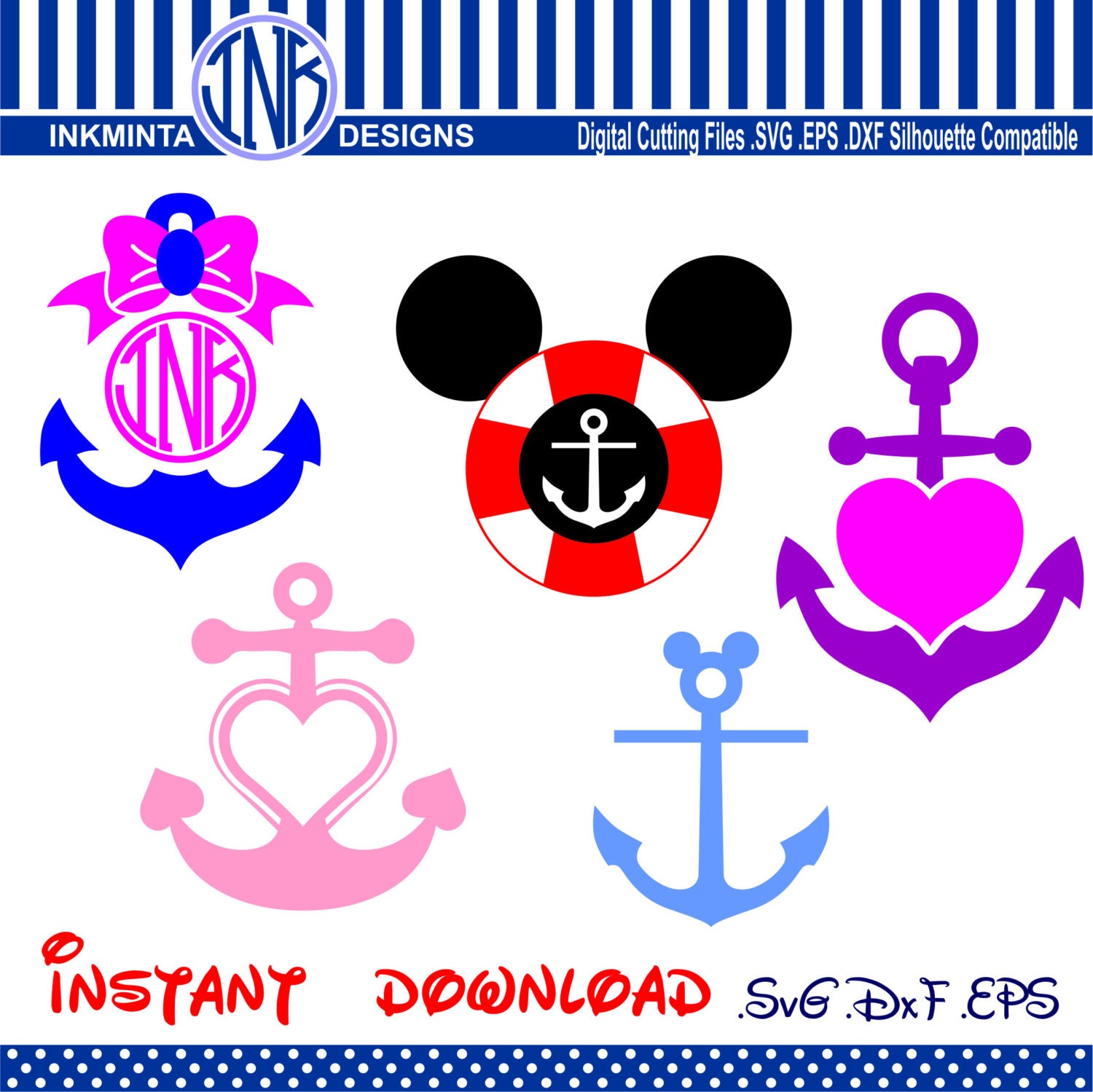 Mickey Mouse Anchor, anchor set SVG, heart and bow anchor from inkminta 