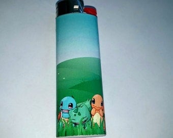 Pokemon Squirtle, Bulbasaur, and Charmander standing in grass Custom Lighter
