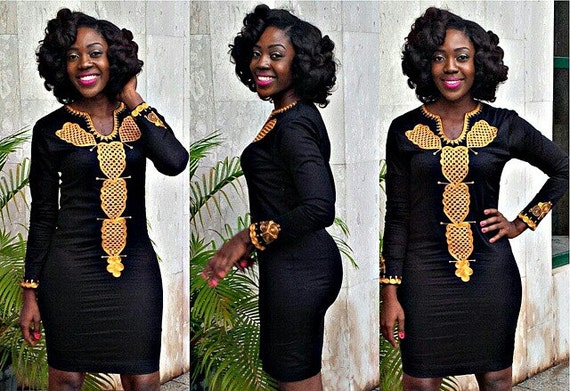 African Ladies Black and gold embroidered Dress, african clothing, african fabric, polished cotton, very comfortable, tailored dress