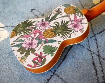 Ukulele decal of vintage flower and pineapple Hawaiian design. Uke On!!