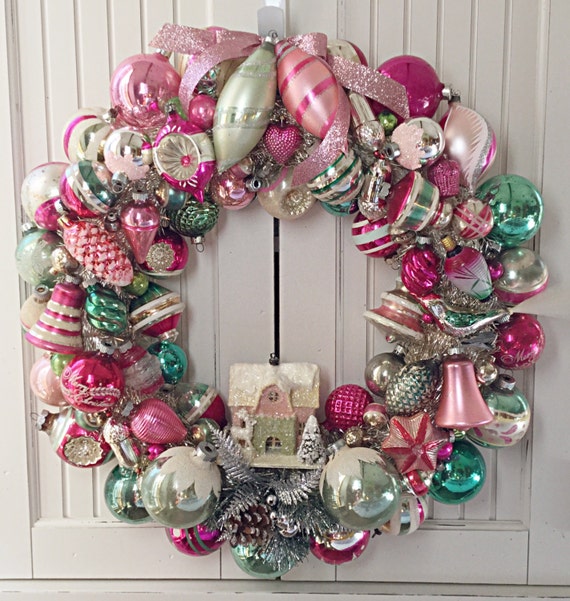 SAMPLE Large Pink  Green Vintage Christmas  Ornament Wreath