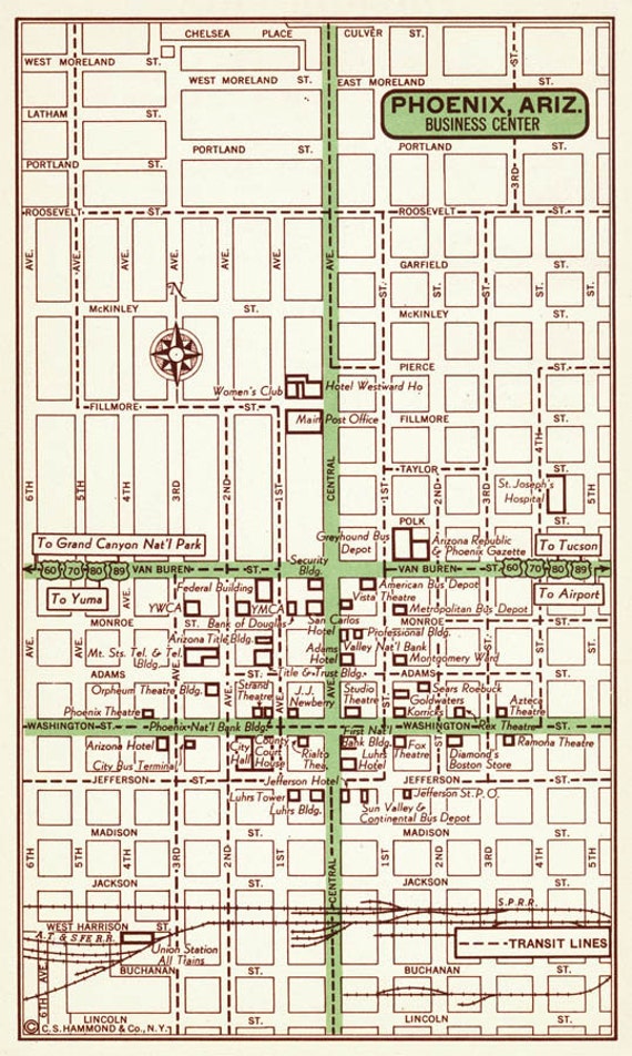 Phoenix Arizona Map Phoenix Street Map Phoenix Vintage Map
