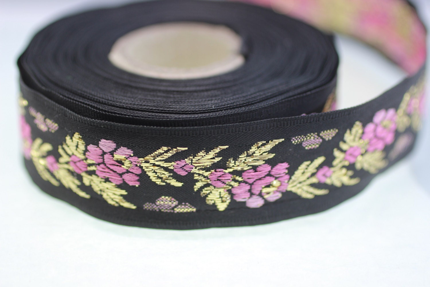 16 mm Black Front Pink Floral Jacquard ribbon 0.62 inches