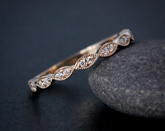 Rose Gold Wedding Band - Double Diamond Milgrain Leaf Wedding Band - Boho Bride