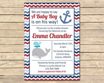 Whale Nautical Baby Shower Invitation, Whale Boy Red Blue Invite, Nautical Baby Shower, Anchor Invite, Printable DIY Invite, Download, 011-A