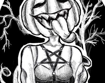 Pumpkin Girl, Halloween, Pentagram Harness, Halloween Art, Wall Art, Art Print, Creepy Art, Gothic Art