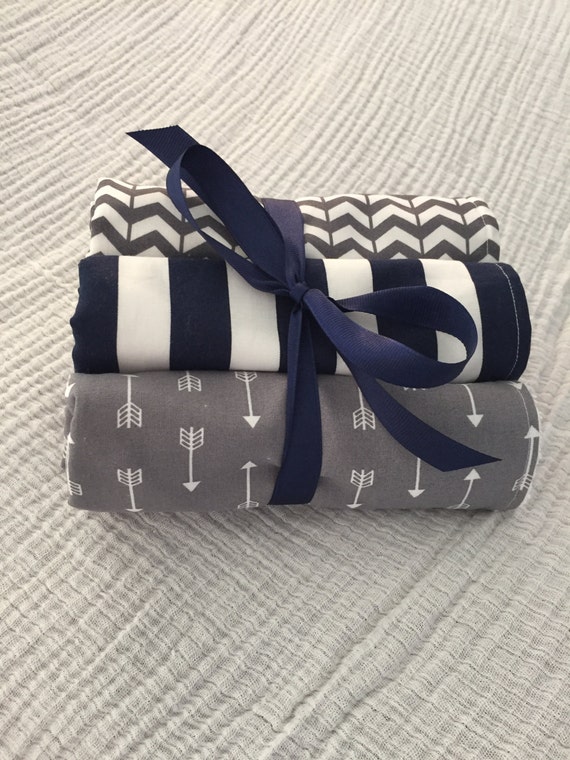 Set of 3 Baby Boy Burp Cloths Navy Stripe Gray by GooseAndMills