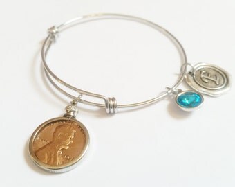 16th Birthday Gift 2001 Bracelet Birthstone Happy Birthday Gift US Penny Bracelet Mom Expandable Bangle initial charm Coin Jewelry
