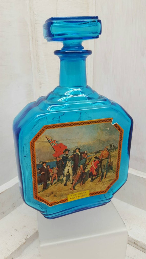 Australian Blue Glass Spirits Bottle with Captain Cooks