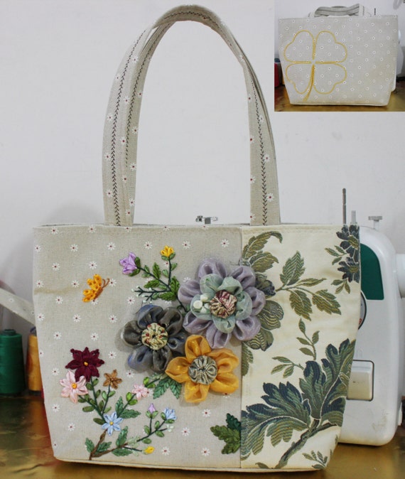 Handmade Silk Ribbon Embroidery Bag Shoulder bag Ramie cotton