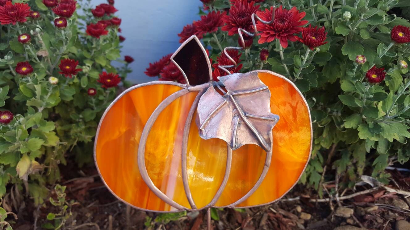 Stained glass pumpkin made to order fall autumn garden art