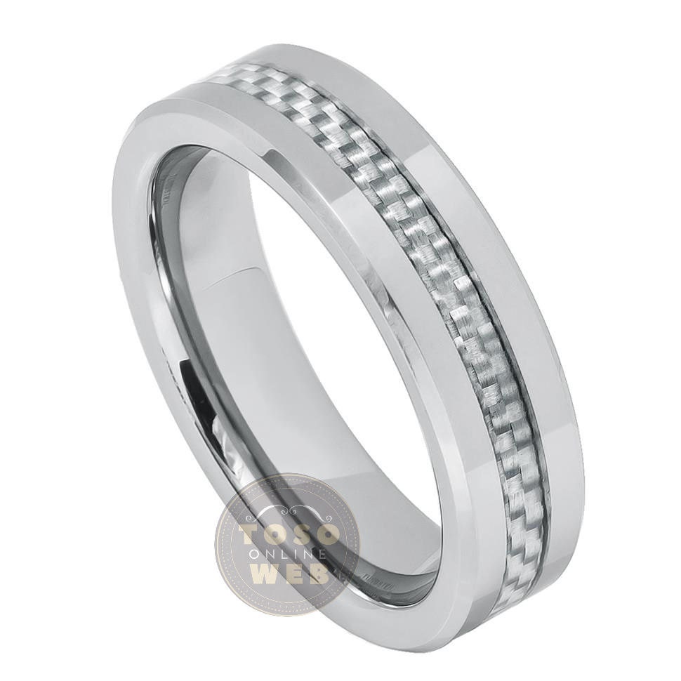 Unisex 6mm Wedding Band Dark Grey Carbon Fiber Inlay High