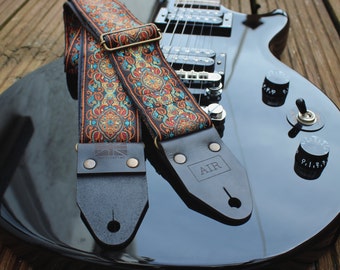The Limited Edition "Eastern Ember" Air Guitar Strap, Woven, Thick Leather Ends, Personalisation, Custom Engraving and Logo Options