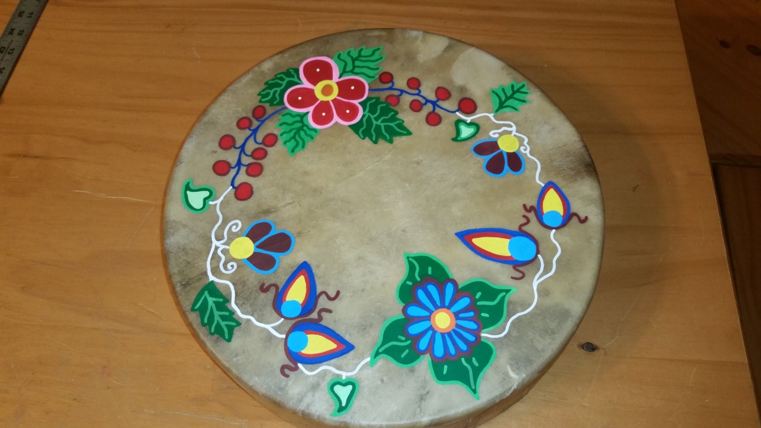 Hand drum Ojibwe floral design by OjibweArts on Etsy