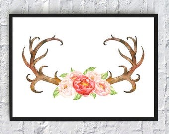 Horns watercolor cow skull bull floral flowers print printable wall art decor home decoration room decor red green brown A3 A4 8 x 11 inch