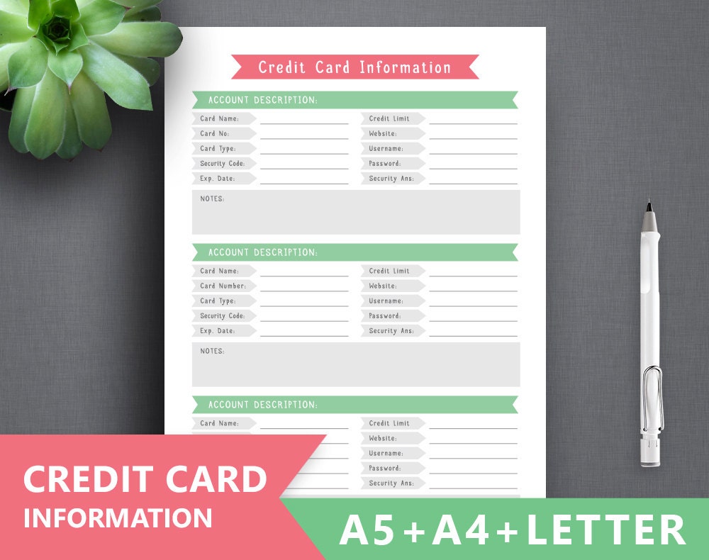 Credit Card printable: BANK INFORMATION Letter A4