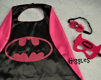 Batgirl Cape Mask Headband Set - Kids Costume - Superhero - Halloween - Dress Up - Girl Capes - Birthday Party Favors - Capes Masks Bat Girl