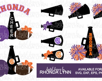 SALE! Megaphone Monogram SVG, dxf, eps, jpg, png vector cut files, Pom Pom Monogram svg, Cheerleader SVG, Cheer svg