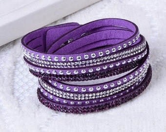 Crystal Swarovski Elements Leather Strap Bracelet Purple