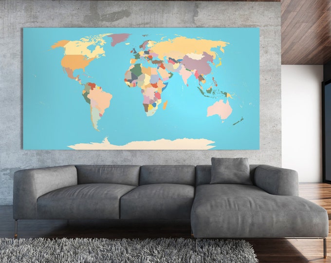 Large world map with country borders, wanderlust push pin world map, travel map, travel map of the world, home decor wall canvas printing